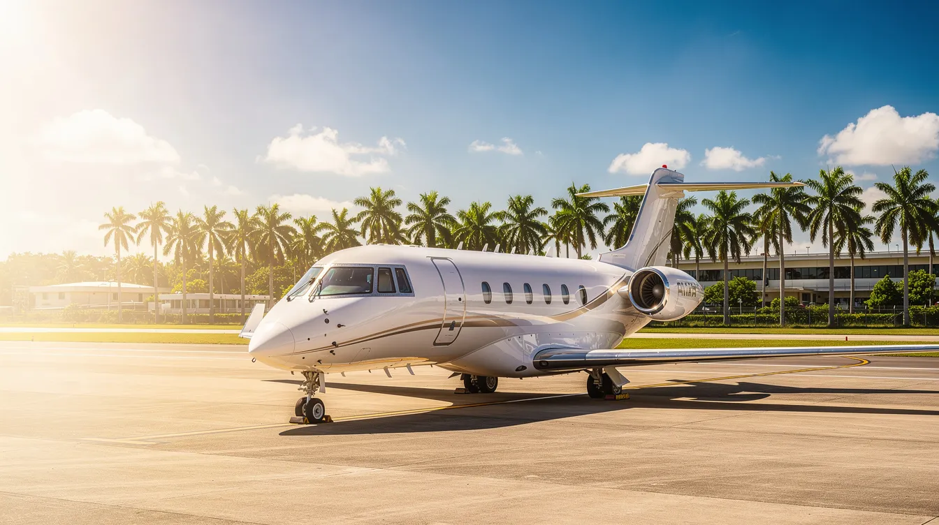 A small private jet is parked on a sunny tarmac at a tropical airport, with lush palm trees in the background, evoking the serene atmosphere of Jamaica. This scene captures the essence of travel to destinations like Norman Manley International Airport or Sangster International Airport, where travelers can enjoy direct flights to the Caribbean.