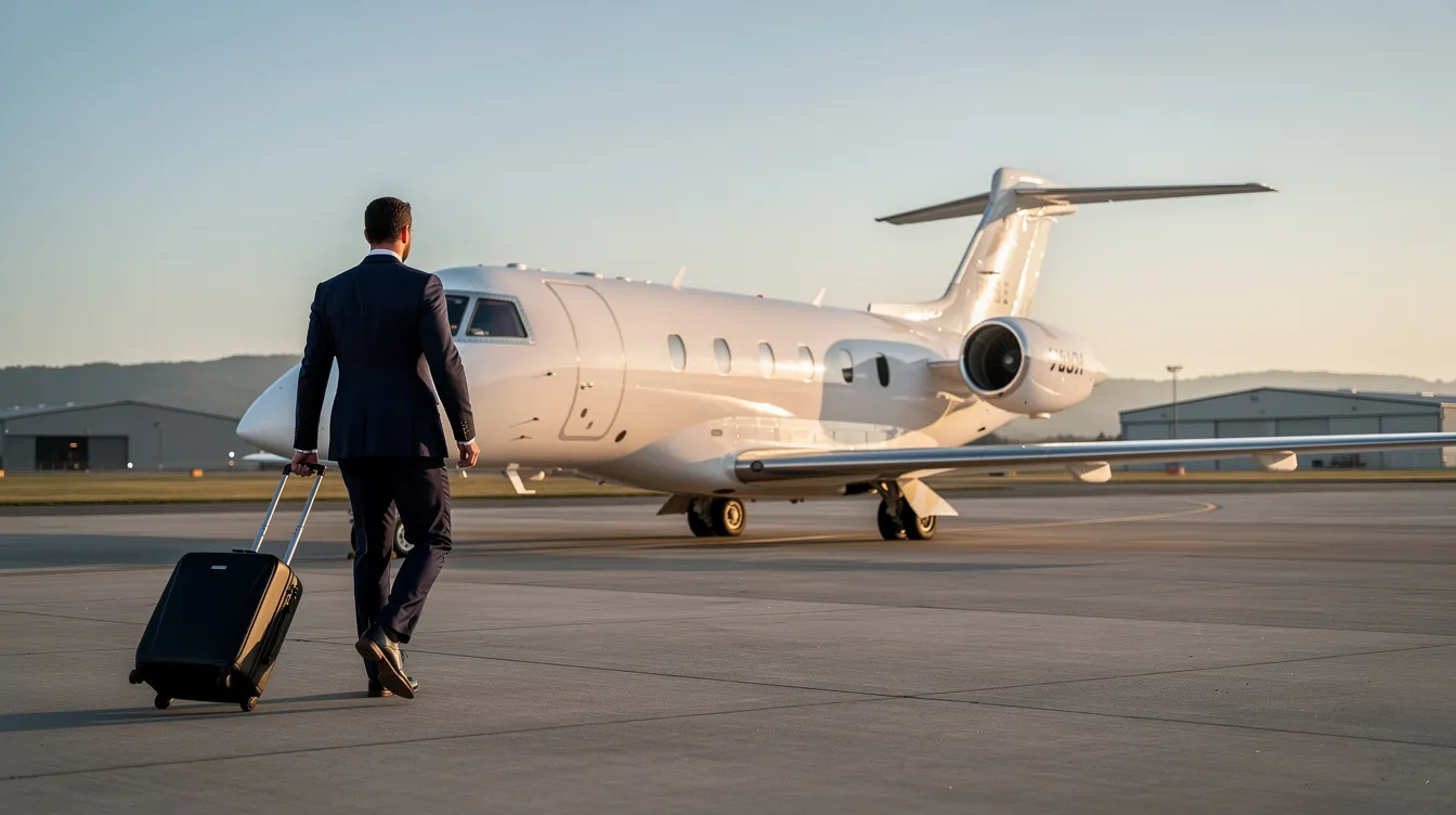 A business traveler is walking confidently toward a sleek midsize private jet parked on a quiet regional airport ramp under a clear morning sky. The scene captures the essence of aviation efficiency, as the aircraft is poised to achieve its maximum cruise speed, ready to take off for its next destination.