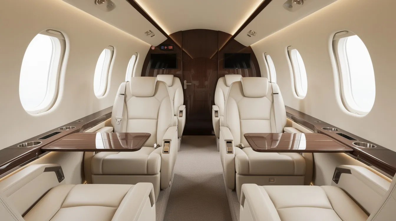 The image depicts the interior of a modern private jet, showcasing clean leather seats and polished wood trim, emphasizing a luxurious and smoke-free environment. This design reflects the airline industry's commitment to air quality and passenger health, aligning with the smoking ban regulations that prioritize the safety and comfort of all travelers on both domestic and international flights.