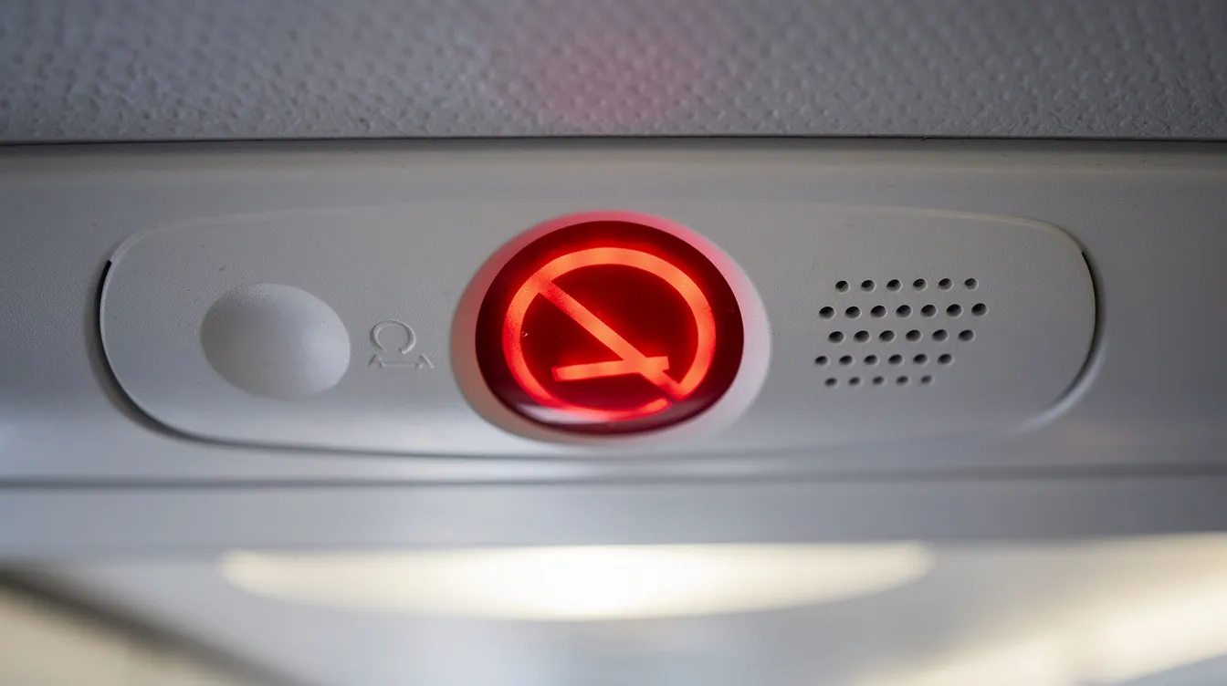 A close-up view of an illuminated no-smoking indicator light on an airplane cabin ceiling, signaling the airline's smoking ban to ensure a smoke-free environment for all passengers. This regulation is crucial for maintaining air quality and addressing health concerns related to secondhand smoke during domestic and international flights.