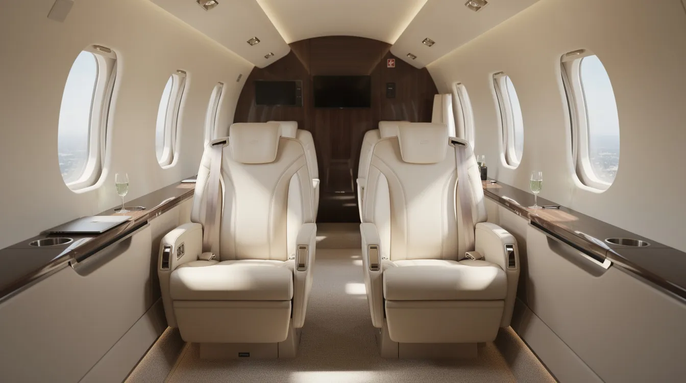 The image depicts the interior of a luxurious private jet cabin featuring plush leather seats and abundant natural light streaming through large windows. This elegant space highlights the comfort and exclusivity of air travel, while also reminding passengers to be aware of customs regulations regarding carrying tobacco products, such as cigarettes, on their journey.