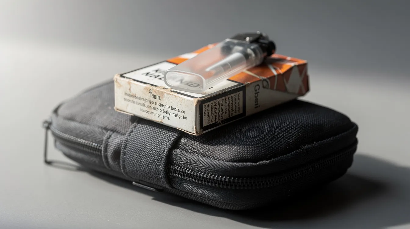 The image shows a disposable lighter and a pack of cigarettes placed on top of a small travel pouch, which could be useful for carrying cigarettes while adhering to customs regulations for international travel. The lighter, often subject to TSA regulations, highlights the importance of knowing what items are allowed in carry-on luggage.