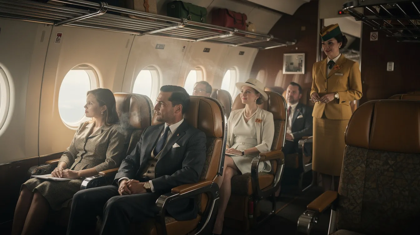 The image depicts passengers seated inside a vintage airplane cabin, showcasing a retro interior design with visible haze, likely from tobacco smoke. The ambiance reflects an era before the airline smoking ban, with traditional cigarette use evident among travelers.