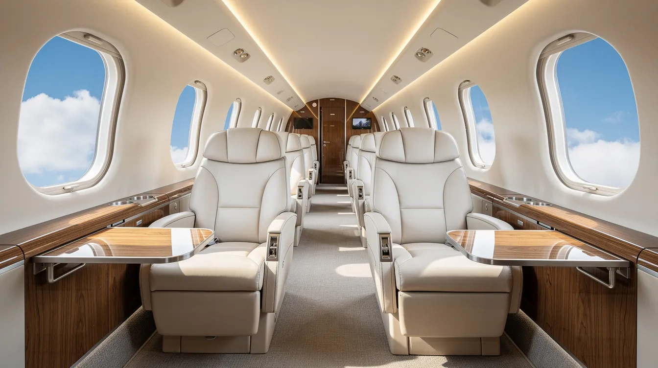 The image depicts the interior of a modern private jet featuring sleek leather seats and large windows that reveal a clear blue sky outside. This luxurious cabin setting emphasizes comfort for passengers on both domestic and international flights, highlighting the contrast with traditional commercial flights where smoking is prohibited.