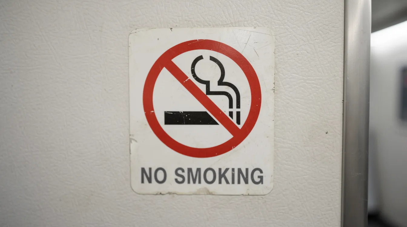 A close-up view of a no-smoking placard affixed to the wall of an airplane lavatory, clearly indicating that smoking is strictly prohibited on both domestic and international flights due to federal aviation regulations. The sign emphasizes health concerns and fire risks associated with smoking in the aircraft.