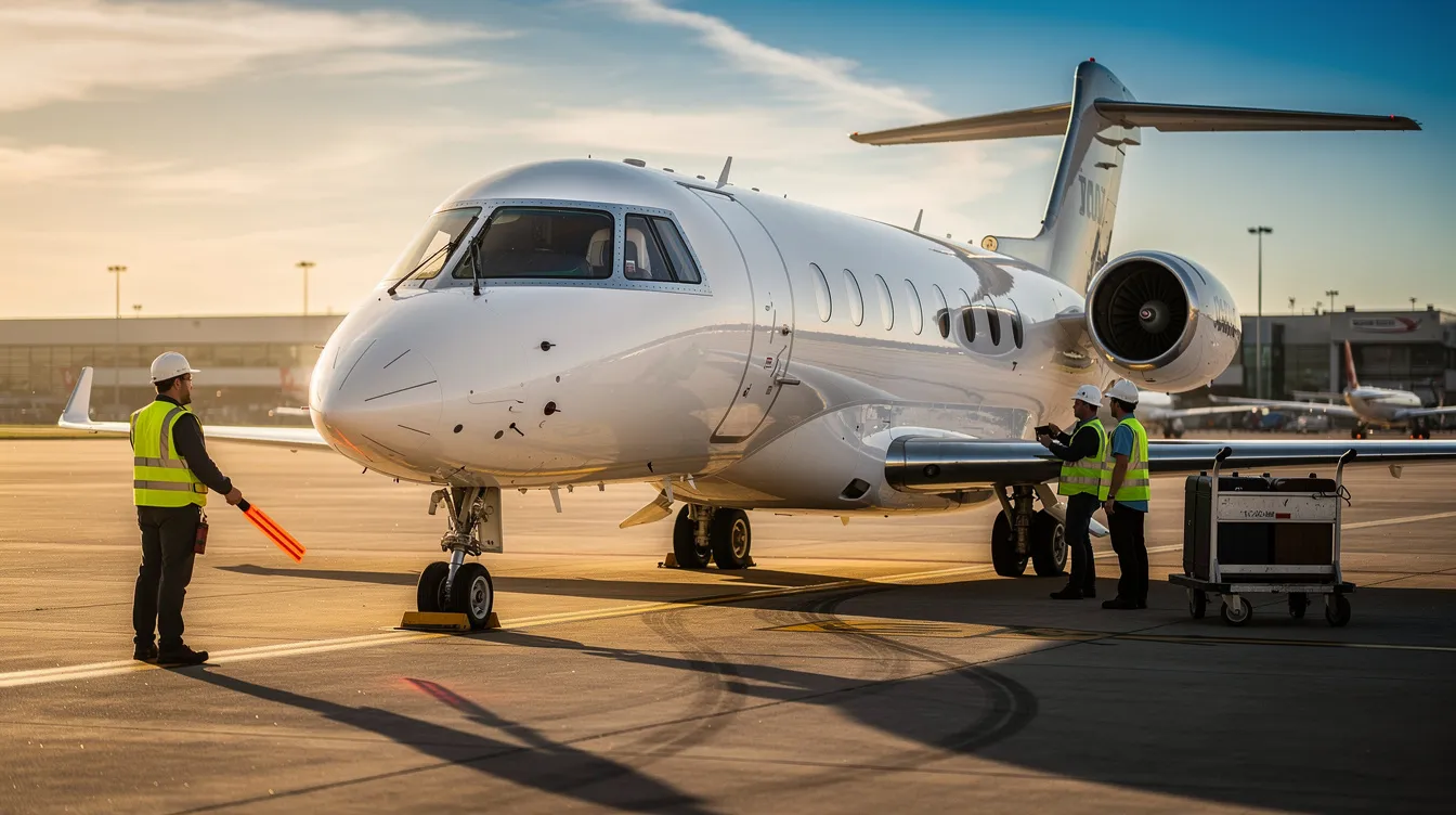 A sleek private jet is parked on the airport tarmac, with ground crew members nearby preparing for an upcoming flight. The scene emphasizes the luxury of private air travel, distinct from commercial flights, while adhering to federal aviation regulations that include a smoking ban on all aircraft.