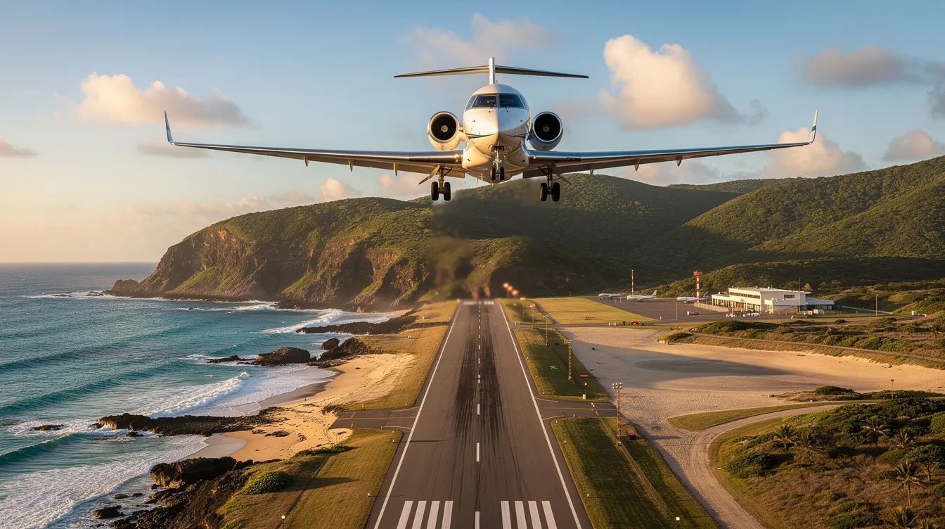A private jet is seen approaching a small regional airport, flying low over a picturesque coastline. The aircraft is preparing to land on the runway, showcasing the beauty of the city and its surroundings.