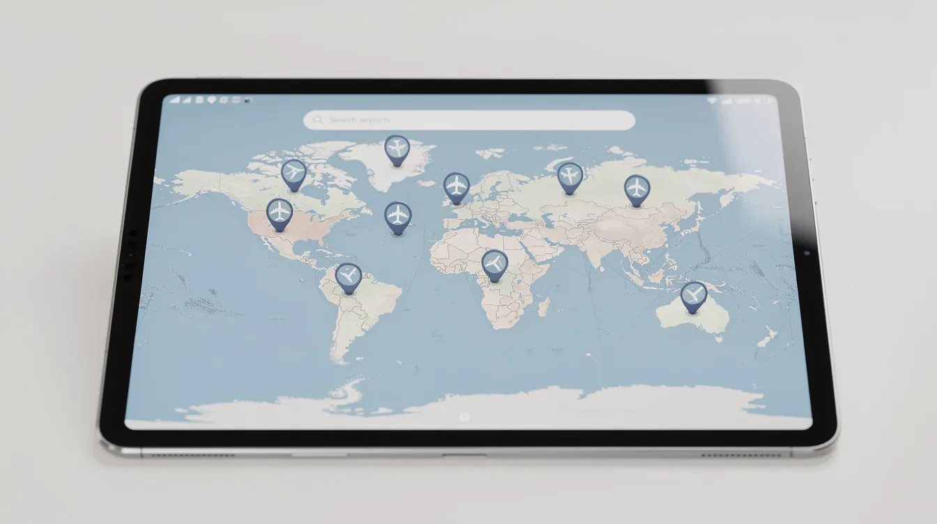 A tablet shows a digital map featuring multiple airport location pins across various cities, with a search bar at the top for users to enter their queries and find nearby airports. The map highlights examples of airport locations, enhancing navigation for aircraft and travelers.