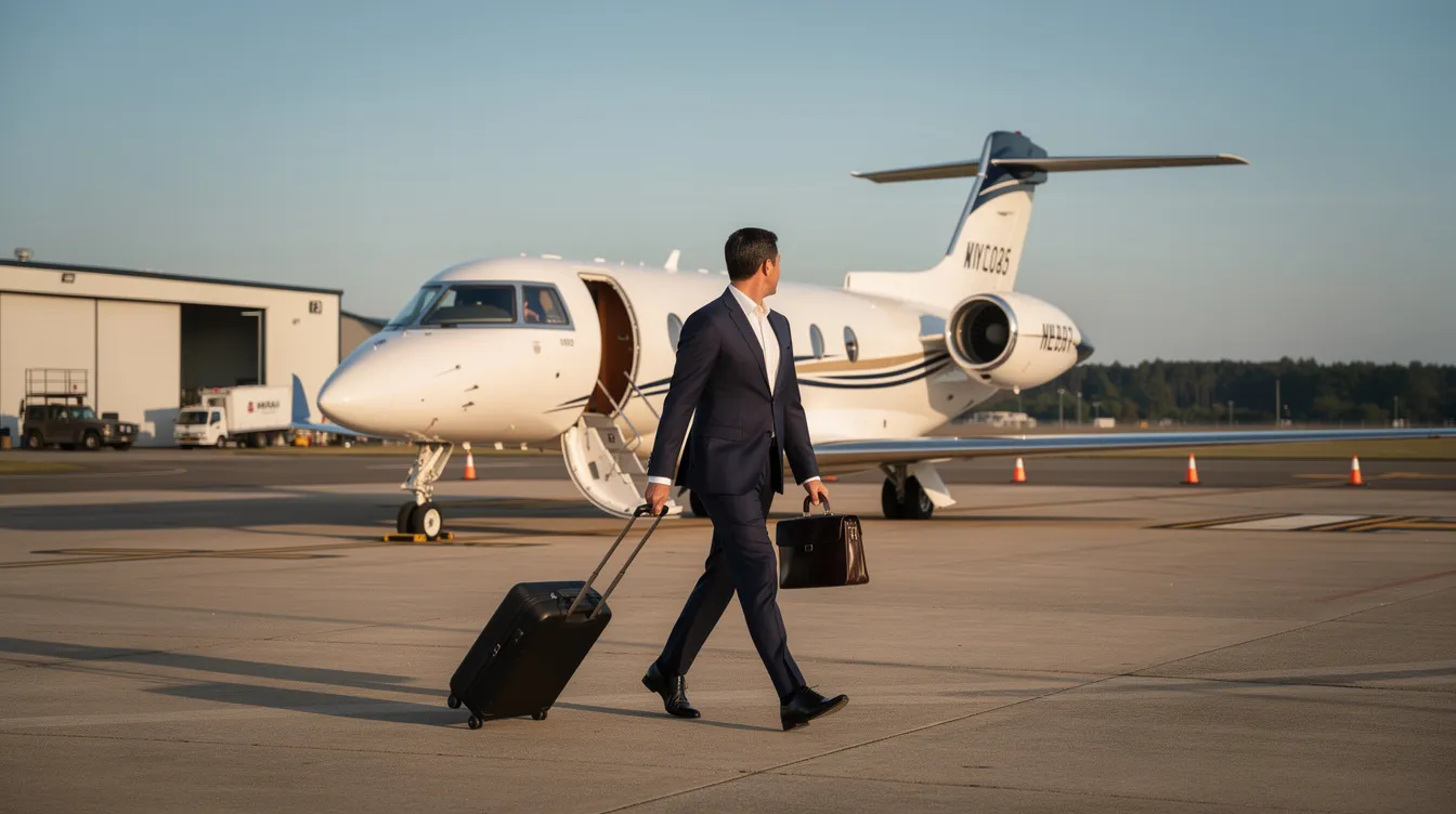 A business traveler in professional attire is walking across the tarmac towards a midsize private jet at a small airport, with the runway and other aircraft visible in the background. This scene exemplifies the hustle of city travel and the convenience of private air travel.