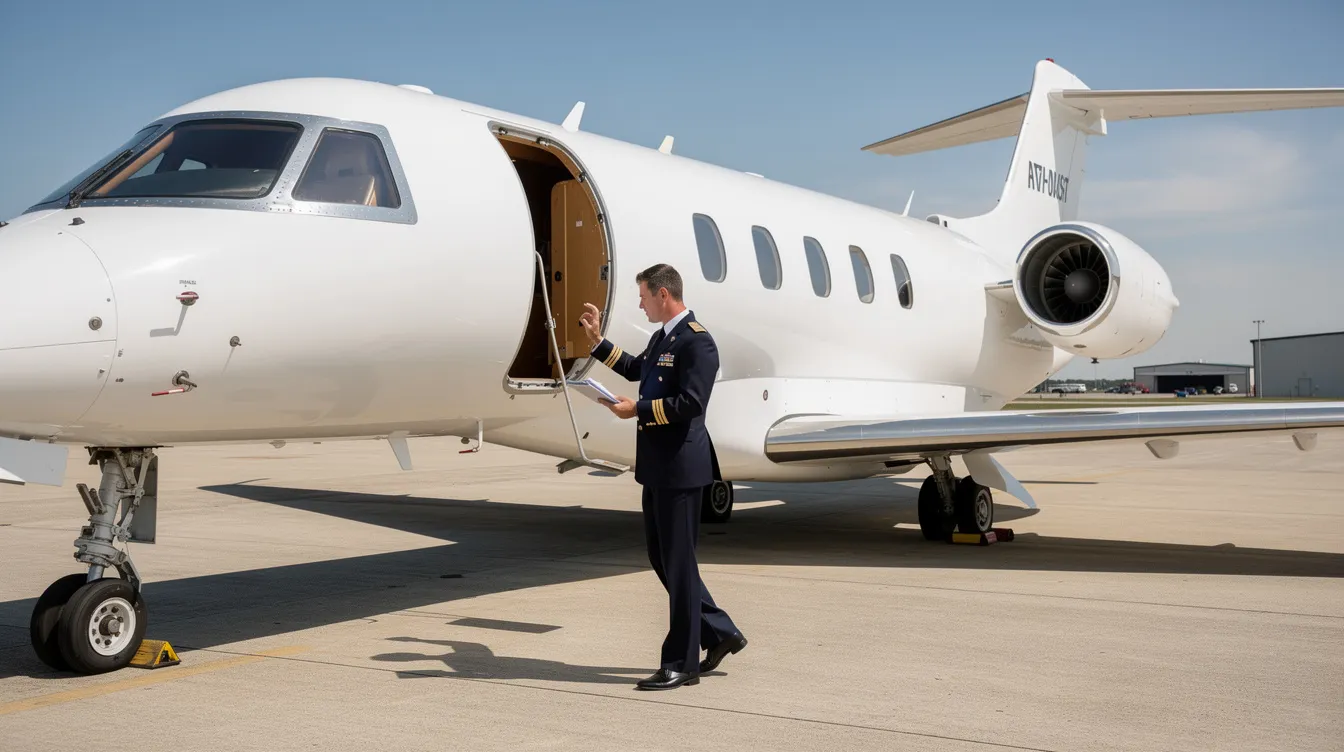 A professional pilot conducts a thorough walk-around inspection of a midsize business jet on a sunny tarmac, ensuring safety and compliance before the flight. This pre-flight inspection is a critical part of the pilot's responsibilities to guarantee the aircraft's readiness for passengers and crew.