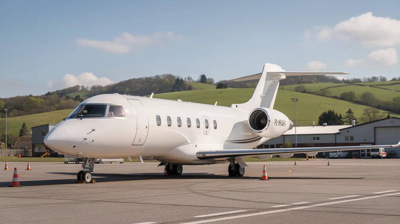 A light business jet is parked at a small regional airport, surrounded by lush green hills in the background, indicating a serene flying environment. This scene highlights the opportunities for pilot jobs and the importance of safety and pre-flight inspections in aircraft operations.