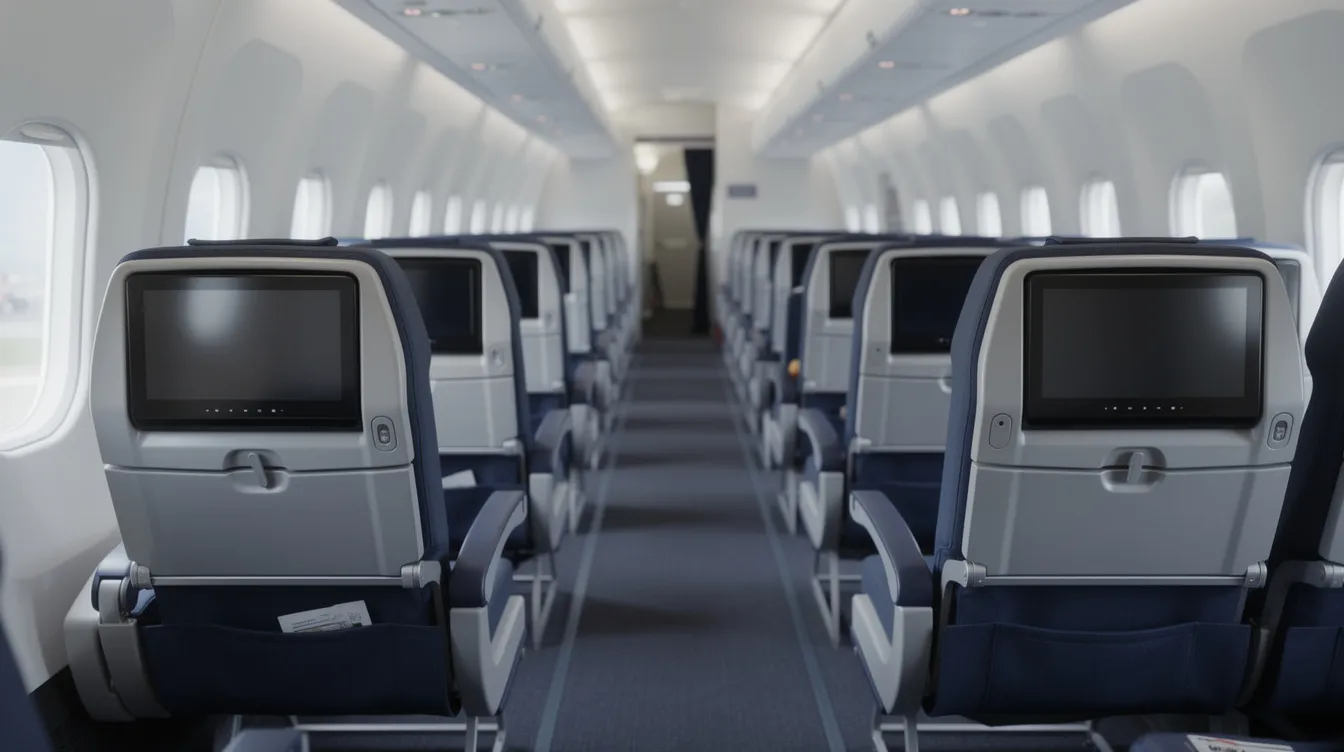 The image depicts a row of empty airline seats inside a commercial aircraft cabin, highlighting the spaciousness and readiness for passengers or flight crew. The absence of people suggests a moment of calm before the flight, where the aircraft awaits its next journey.