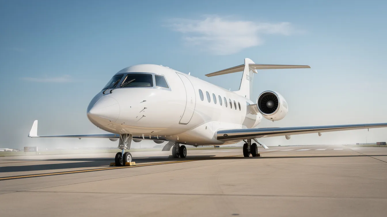 A private jet is parked on a runway under a clear blue sky, ready for its next flight. The aircraft stands as a symbol of aviation luxury, with its sleek design and polished exterior, awaiting the crew and passengers for their journey.