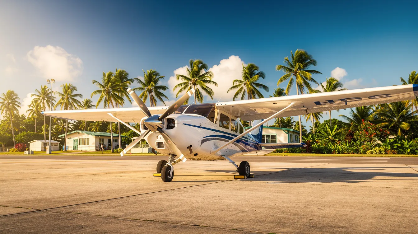 A small propeller aircraft is parked on a tarmac at a tropical island airport, surrounded by lush palm trees and a bright blue sky. This scene captures the essence of aviation, where aspiring private pilots can begin their flight training and work towards obtaining their private pilot license.