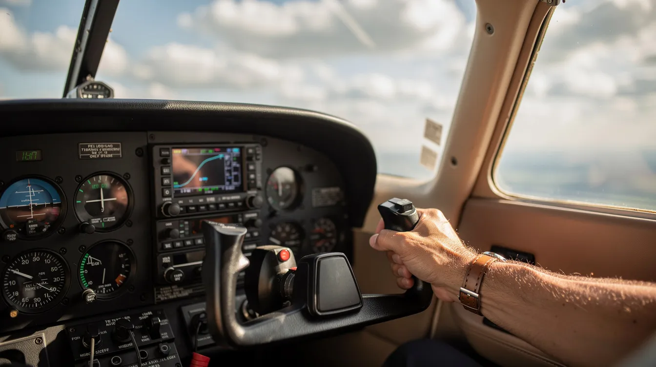 A close-up view of a small aircraft cockpit showcases various instruments and gauges, with a pilot's hand firmly gripping the yoke, highlighting the essential role of private pilots in operating light sport aircraft. This image embodies the focus and precision required for flight training and the responsibilities of those holding a private pilot certificate.