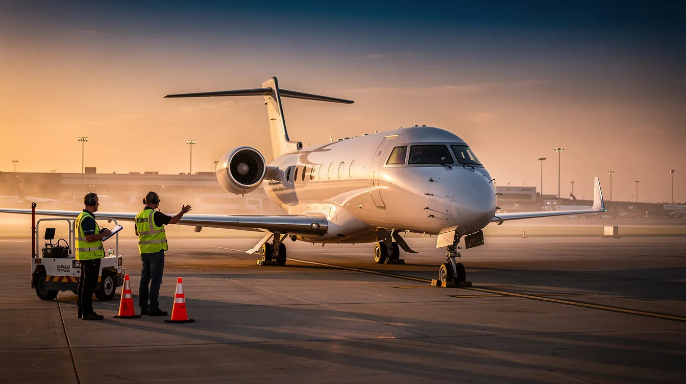 A modern business jet is parked on a tarmac at sunset, with ground crew members preparing for the next flight. This scene highlights the aviation industry, where private pilots operate jets and engage in flight training, showcasing the exciting career paths available in aviation.