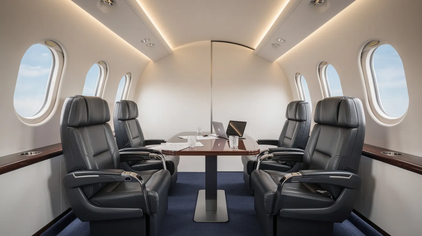 The image depicts the interior of a converted Bombardier CRJ 200 regional jet cabin, featuring luxurious leather business-class seats arranged around a small conference table, creating a sophisticated and comfortable environment for meetings or gatherings. The design emphasizes efficiency and style, characteristic of Bombardier Aerospace's commitment to enhancing passenger experience in aviation.
