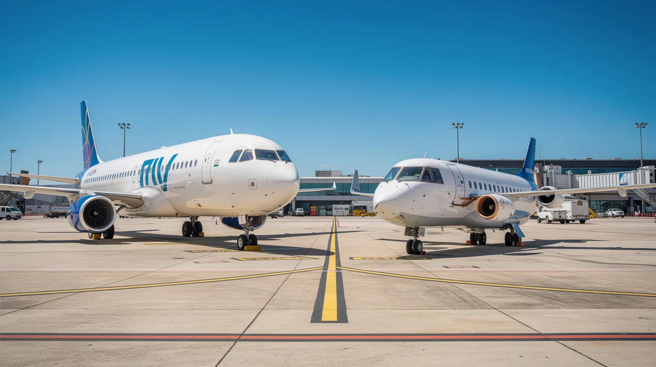 The image shows two jets parked side by side on an airport tarmac under clear blue skies, highlighting the contrast between a larger Canadair Challenger business jet and a smaller Bombardier CRJ 200 regional jet. The scene captures the essence of aviation, showcasing the efficient engines and sleek designs of these aircraft, which are essential for modern air travel.