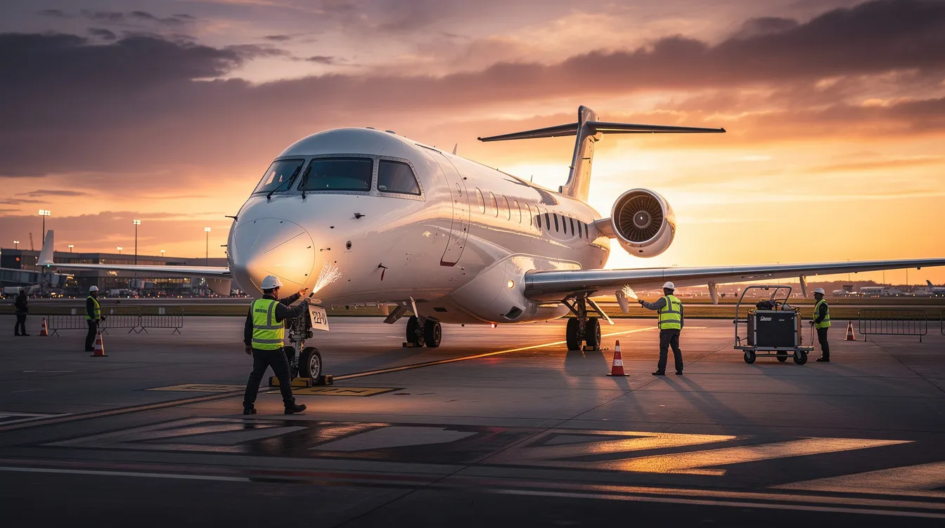 A twin-engine regional jet, part of the Embraer ERJ family, is parked on an airport tarmac at sunset, with the warm glow illuminating its swept wings and engines. Nearby, ground crew members are visible, preparing for the next flight, showcasing the aircraft's role in civil aviation.