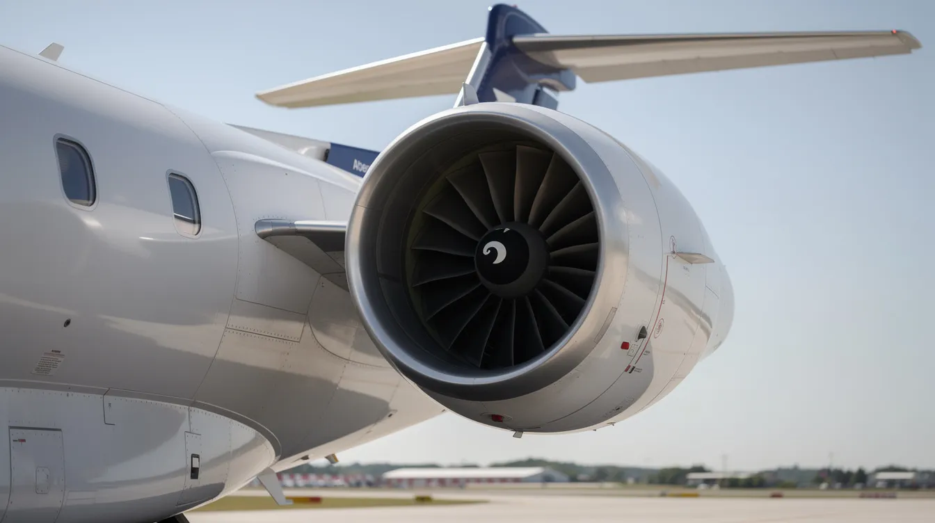 The image shows a close-up view of a turbofan jet engine mounted on the rear fuselage of a small airliner, highlighting the intricate details of the engine's design and components. This aircraft, part of the Embraer ERJ family, is known for its efficiency and effectiveness in civilian models.