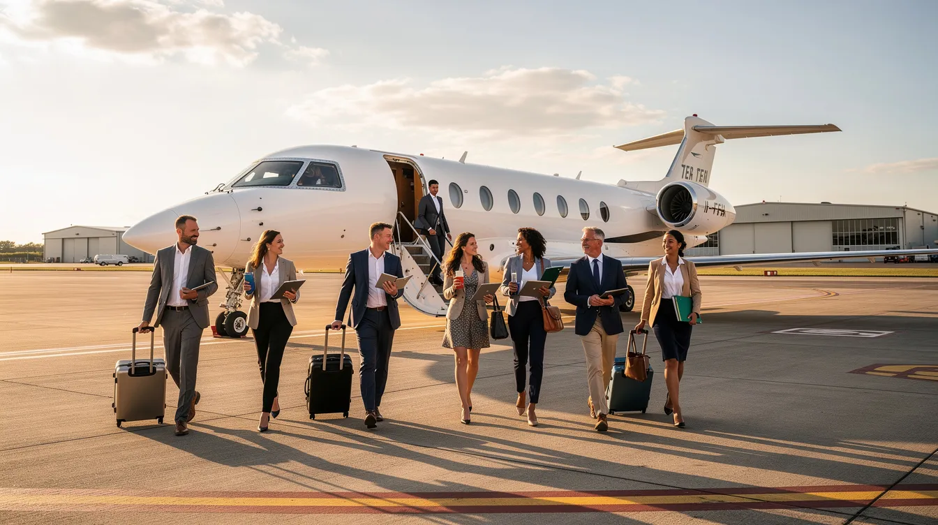A group of business professionals in casual attire is boarding a small passenger jet on a private apron, showcasing the convenience and comfort of civilian models like the Embraer ERJ family. The aircraft, known for its effective range and sleek design, is preparing for departure as the crew assists with the boarding process.