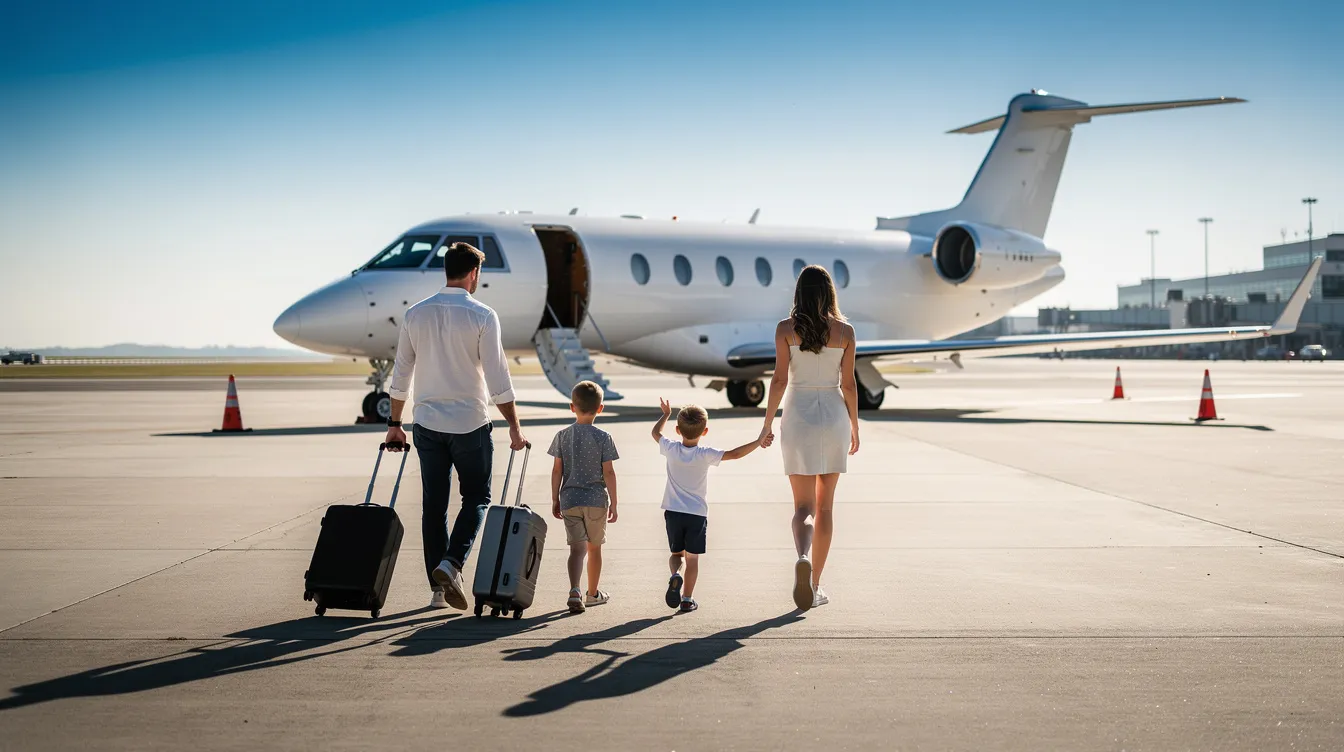 A family of four walks across a sunlit airport tarmac towards a sleek midsize private jet, showcasing the convenience and luxury of private jet charter services. The scene emphasizes the exceptional service and quality associated with executive jet management.