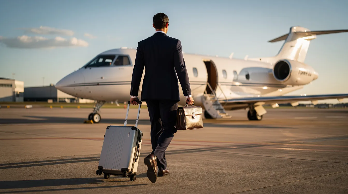 A business professional is walking toward a private jet on a runway, carrying luggage in hand, symbolizing the convenience and luxury of private jet charter services. This scene highlights the exceptional service and aviation expertise offered by corporate charter companies, emphasizing the benefits of flying with the world's largest aircraft management firms.