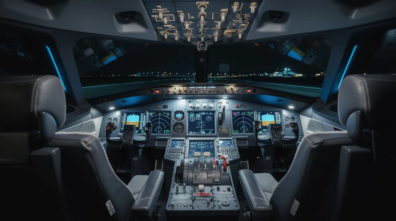 The image showcases the cockpit of a private jet, featuring illuminated instruments and two pilot seats, highlighting the advanced technology and aviation expertise involved in executive jet management. The scene conveys a sense of safety and quality, essential for private jet charter services.