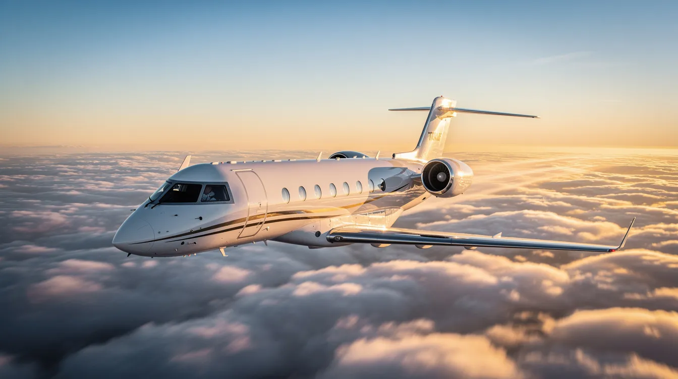 The image depicts a luxurious private jet, symbolizing the excellence of executive jet management and private jet charter services. This aircraft represents the high standards of safety and quality in the aviation industry, catering to corporate clients and individuals seeking exceptional service.
