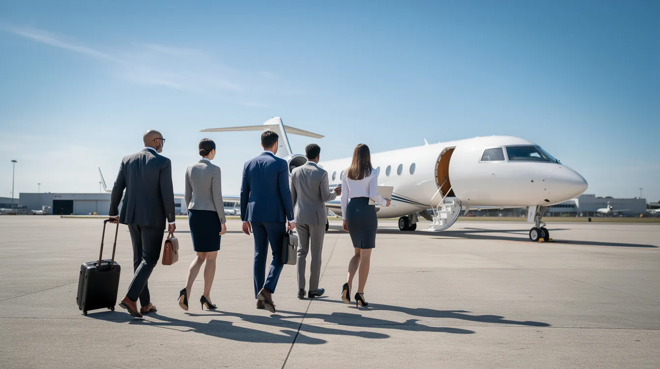 A group of business professionals is walking across a tarmac on a clear day toward a parked Bombardier CRJ aircraft, part of the CRJ series known for its regional jet performance. The scene captures the essence of aviation with the aircraft's wingspan and engines visible in the background as they approach for their flight.