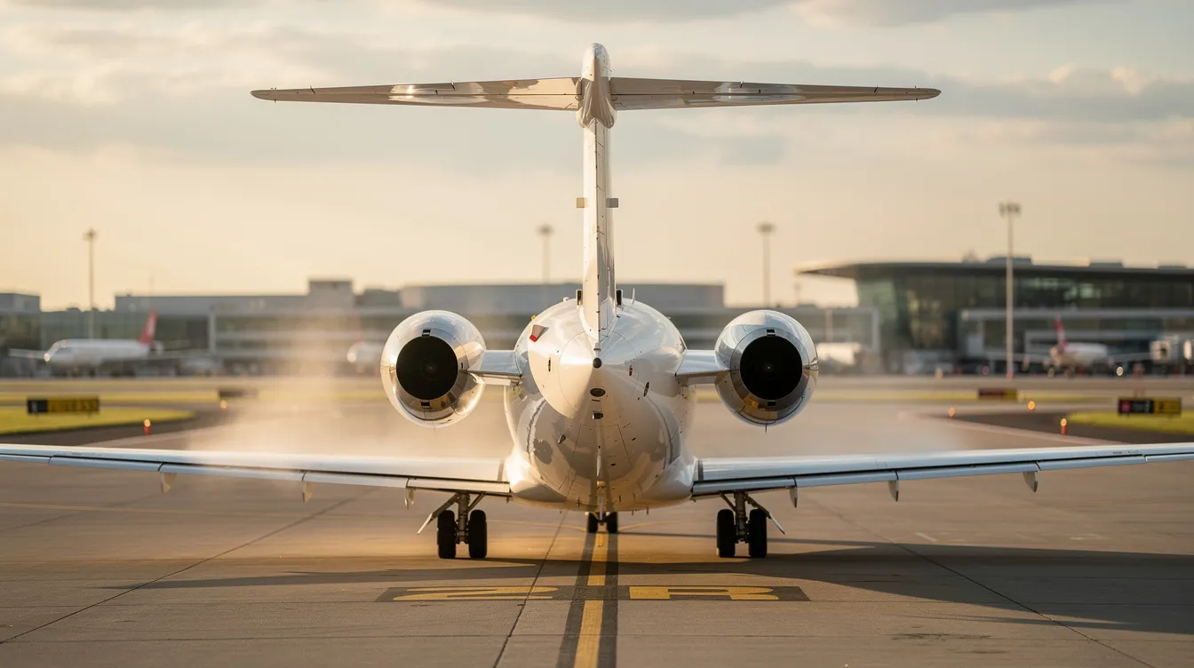 The image shows a rear view of a Canadair regional jet, specifically a Bombardier CRJ series aircraft, parked on an airport taxiway, highlighting its two rear-mounted engines and distinctive T-tail design. This regional jet is part of the CRJ family, known for its performance and efficiency in regional flight operations.