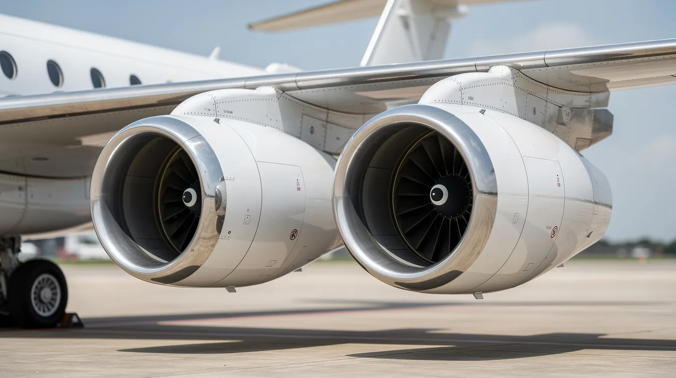 The image shows a close-up view of a twin turbofan jet engine mounted under the tail section of a Bombardier CRJ 200, a popular regional airliner known for its efficient engines and suitability for private travelers. This angle highlights the engine's design and its importance in providing reliable performance for regional jets and private flights.