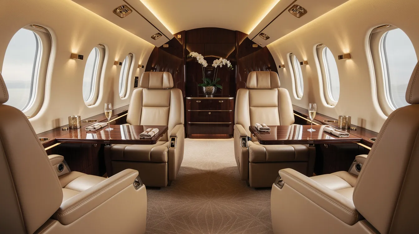 The image depicts the interior of a luxury private jet cabin, featuring plush leather club seats and warm ambient lighting, creating an inviting atmosphere for private travelers. This elegant space exemplifies the comfort and sophistication associated with business jets, making it an attractive option for those seeking a premium flying experience.