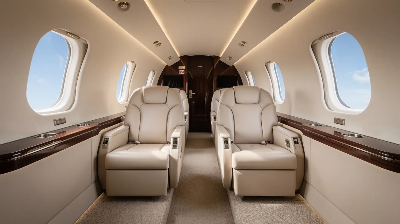 The image depicts a luxurious private jet cabin interior featuring plush leather club seats arranged for comfort, large windows providing ample natural light, and a spacious layout that emphasizes the feeling of exclusivity and relaxation while flying. The design includes modern amenities, enhancing the travel experience with features such as power outlets and generous legroom.