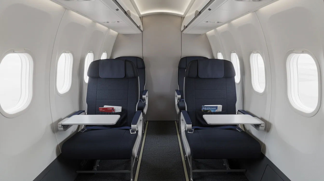 The image shows the interior of a narrow airplane cabin, specifically a Bombardier CRJ 200, featuring two seats on each side of a slim aisle, typical of economy class seating. The layout highlights the limited legroom and seat width, characteristic of many regional airlines, allowing for a compact yet functional flying experience.