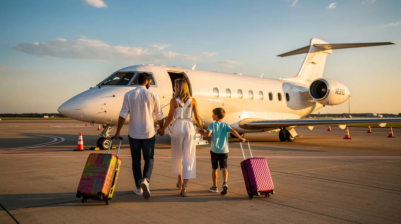 A family is walking towards a midsize private jet, carrying luggage under the bright afternoon sun. The scene captures the convenience and luxury of private aircraft travel, highlighting the family's journey as they prepare for an elite air travel experience.