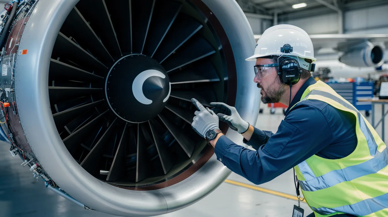 A close-up view of a jet engine being meticulously inspected by a maintenance technician in safety gear, showcasing the commitment to the highest standards of aircraft maintenance services. This scene highlights the expertise and dedication of the team involved in ensuring the safety and efficiency of private aircraft operations.