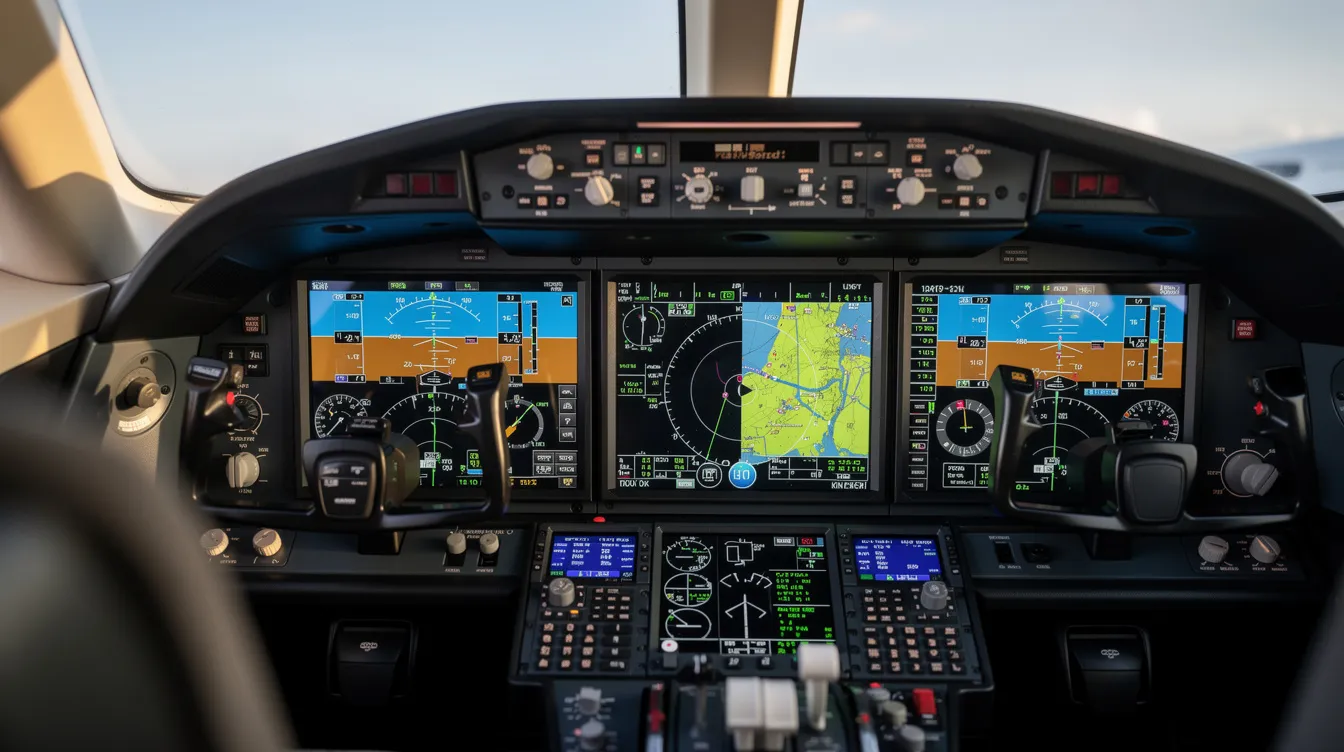 The image depicts a close-up view of a private jet cockpit, showcasing modern digital instrument panels that enhance flight operations and safety. This advanced avionics setup reflects the commitment to excellence in corporate flight management and provides pilots with the tools needed for a reliable travel experience.