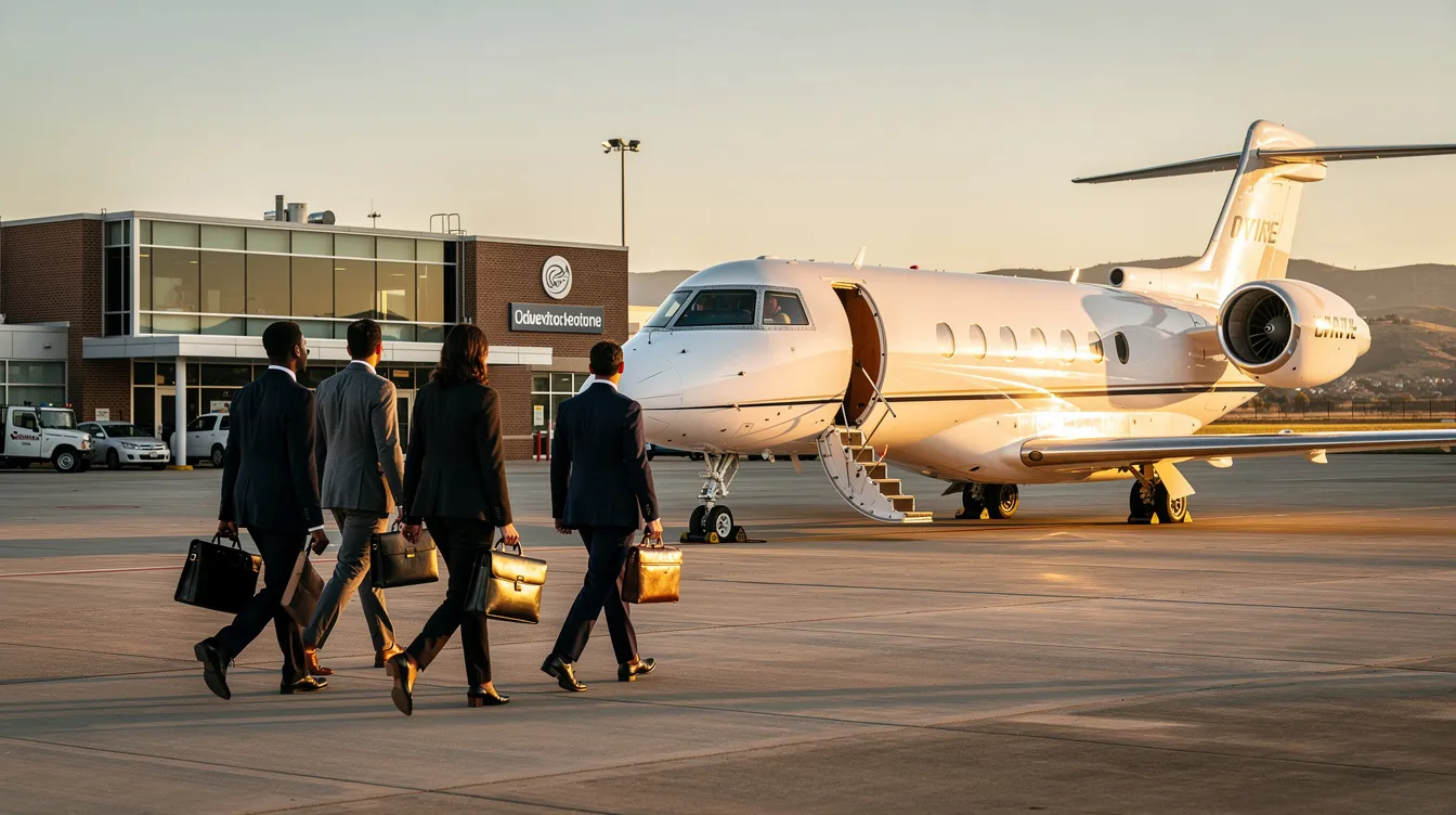 An executive team, dressed in professional attire, is walking towards a private jet at a small airport terminal, showcasing the convenience and luxury of corporate flight management. The scene highlights their commitment to efficient travel experiences and the diverse capabilities of aviation services.