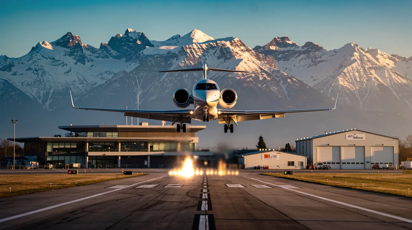 A small private jet is landing at a regional airport, with majestic mountains visible in the background, showcasing the beauty of air travel in scenic locations. This image captures the essence of private aviation amidst nature, contrasting the hustle of scheduled flights and major airlines like Delta Airlines.