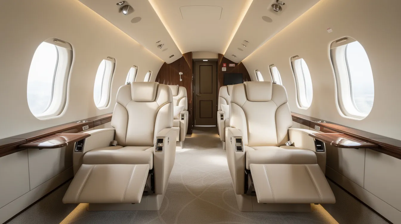 The image depicts the luxurious interior of a private jet cabin, featuring plush leather seats and abundant natural light streaming through oval windows. This elegant space is designed for comfort and style, ideal for travelers seeking premium air travel experiences on routes serviced by airlines like Delta.