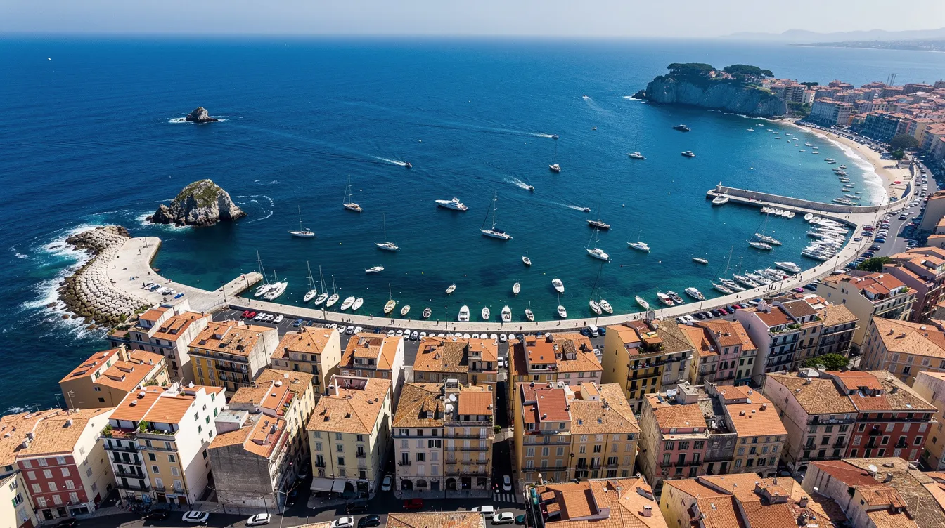 An aerial view of a vibrant European coastal city showcases a stunning blue ocean with several boats anchored in the harbor. The scene captures the essence of air travel, connecting various destinations across Europe and beyond, reminiscent of Delta Airlines' scheduled flights and key routes.