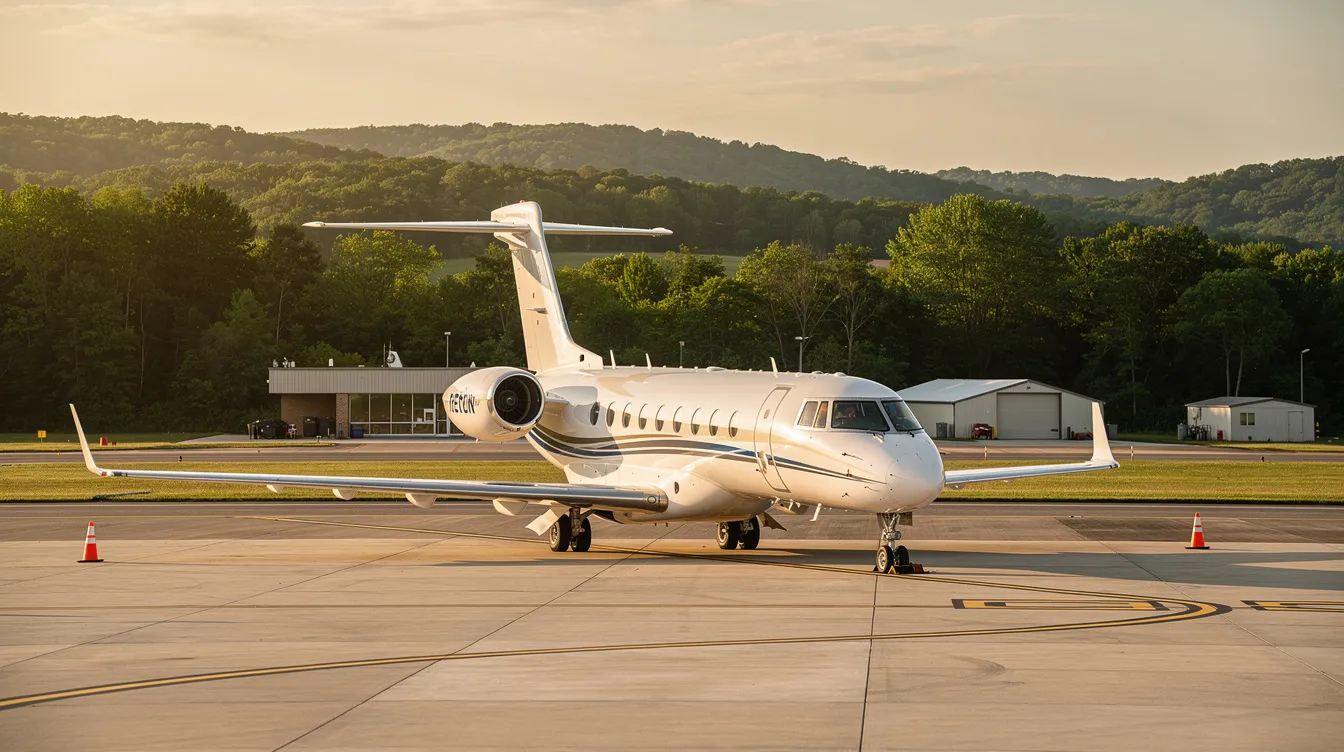 A small private jet is parked on a ramp at a quiet regional airport, surrounded by lush trees, highlighting the natural beauty of the area. This serene setting offers travelers convenient access to nearby attractions such as Saint George Island and outdoor activities like kayaking and hiking.