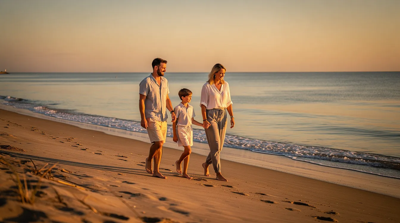 A family strolls along a serene sandy beach at golden hour, with the calm waters of Saint George Island shimmering in the background, showcasing the island's natural beauty. This picturesque scene invites visitors to enjoy outdoor activities and explore the tranquil coastal environment.