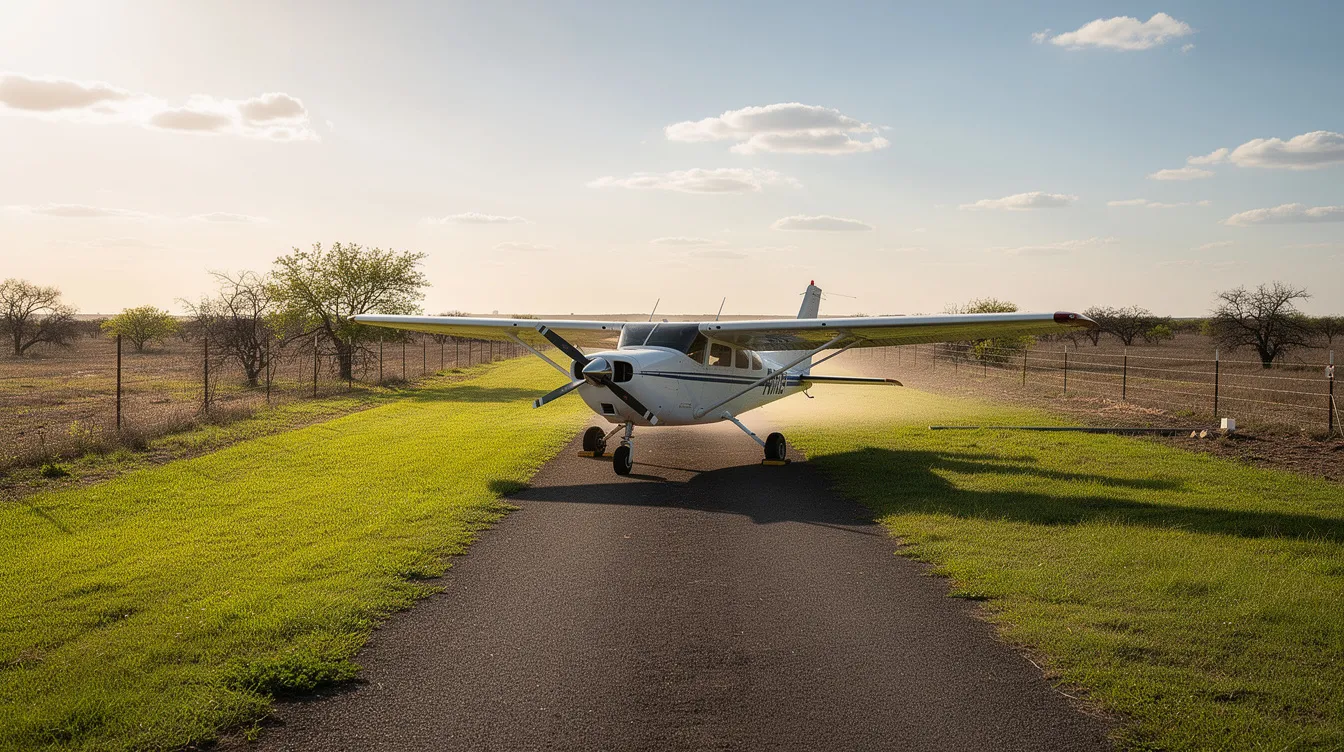 A light single-engine airplane is parked on a small airstrip surrounded by lush green grass in a rural Texas setting, showcasing the tranquil atmosphere typical of privately owned public use airports like Dan Jones International. In the background, trees frame the runway, emphasizing the serene landscape of this area near Houston.
