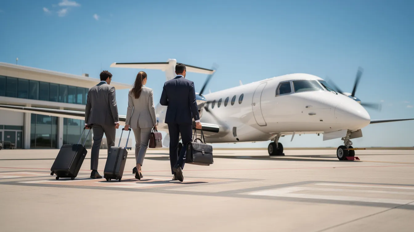 A group of business travelers is walking towards a small turboprop aircraft on a private aviation ramp at Dan Jones International Airport on a clear day. The scene captures the essence of private aviation operations in Houston, Texas, with the aircraft ready for departure against a backdrop of trees and a well-maintained runway.