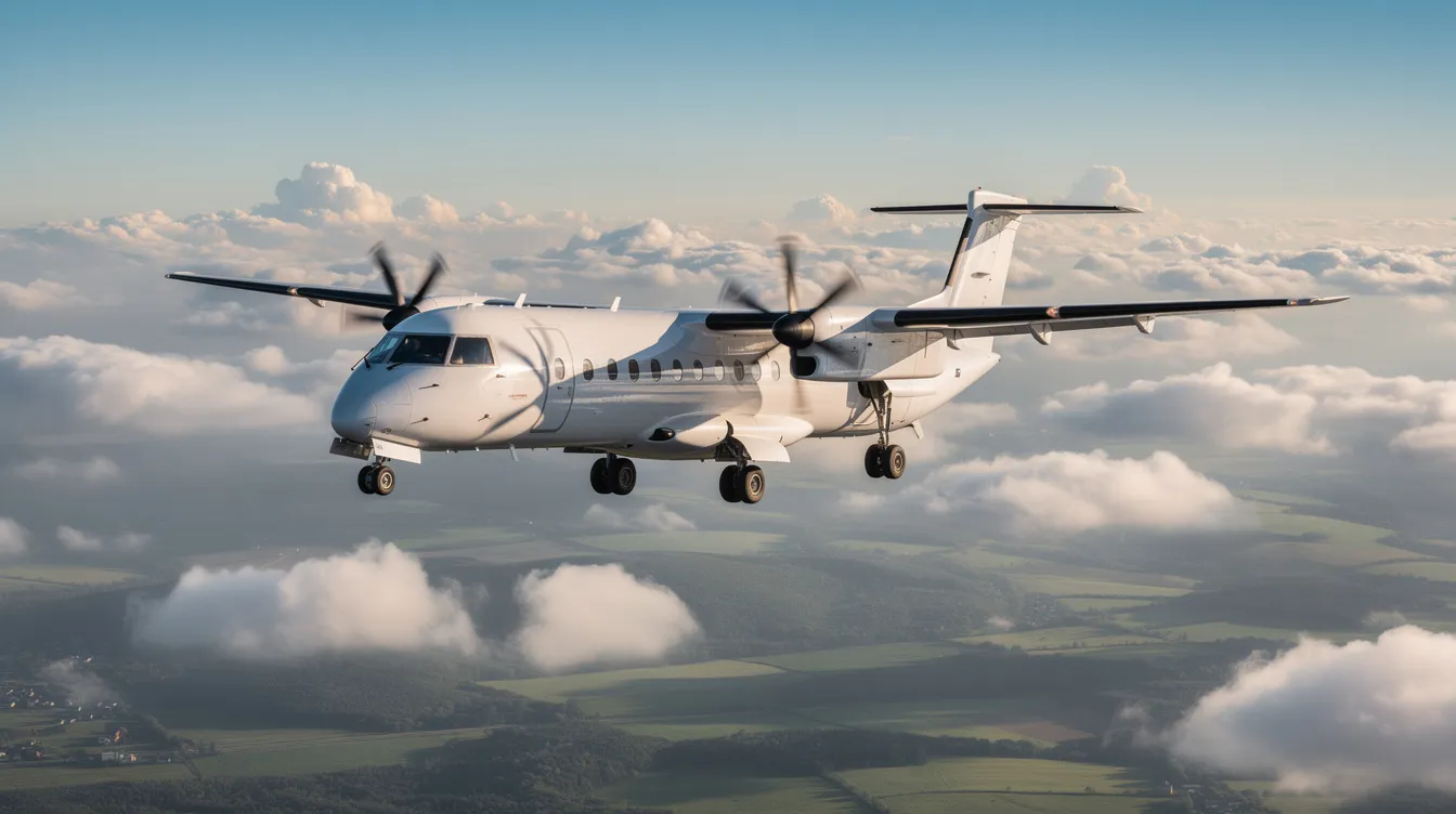 A Beechcraft King Air F90, a twin-engine turboprop aircraft, is soaring above scattered clouds with a lush green landscape visible below. The aircraft is equipped with four-bladed propellers and features a sleek fuselage, showcasing its powerful Pratt & Whitney PT6A-135 engines.