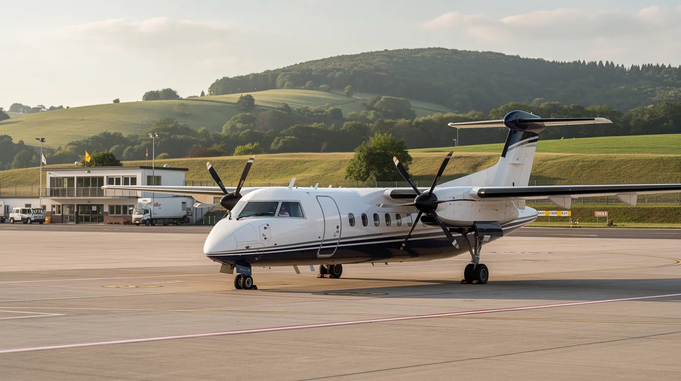 A Beechcraft King Air F90, a twin-engine turboprop aircraft, is parked on the apron of a small regional airport, with lush green hills in the background. The aircraft features four-bladed propellers and is known for its powerful Pratt & Whitney PT6A-135 engines, making it a popular choice for business travel.