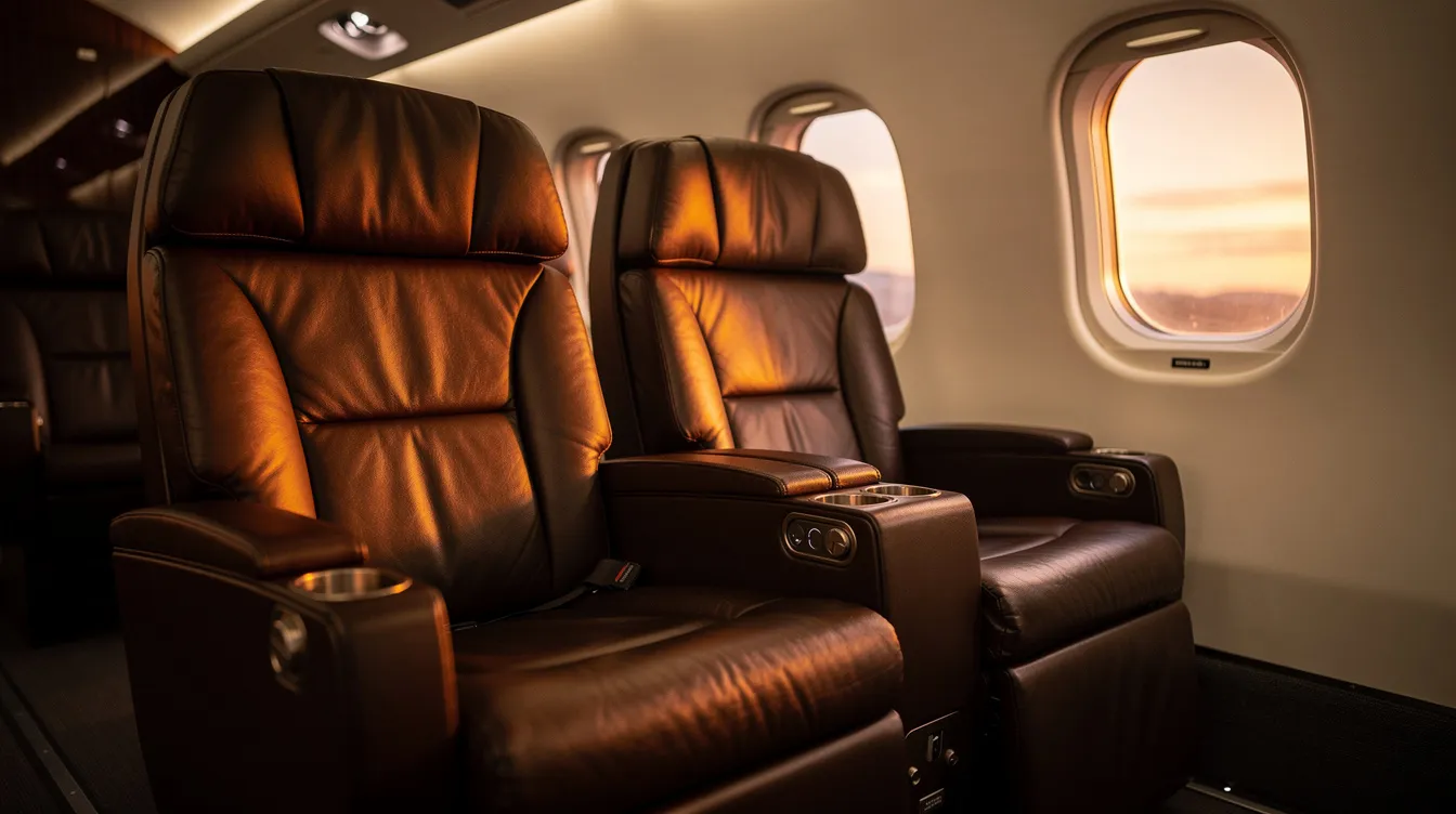 A close-up view of leather recliner seats inside a small regional aircraft cabin, featuring warm lighting that creates a cozy atmosphere. The seats, designed for comfort, are part of the Air Canada Express service, offering a premium experience for passengers traveling on short haul flights.