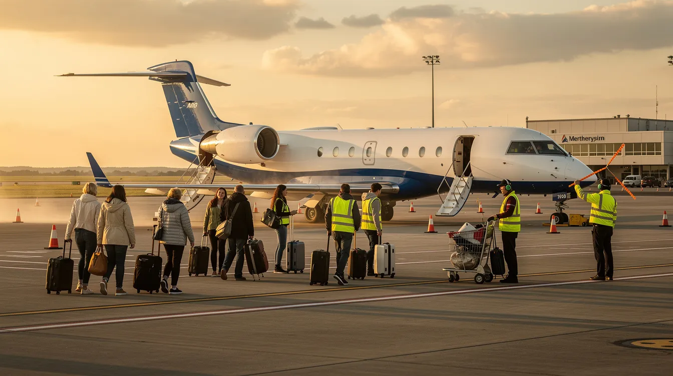 Passengers are walking across the tarmac toward a Bombardier CRJ900 regional jet, with the Air Canada Express ground crew nearby assisting with boarding. The scene captures the hustle and bustle of Vancouver International Airport as travelers prepare for their short haul flight.